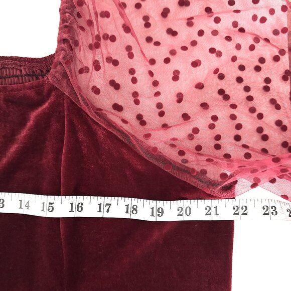 NWT Burgundy 2X Velvet Blouse Sheer Swiss Dot Sleeves Smocked Back Siren Lily - Picture 5 of 12